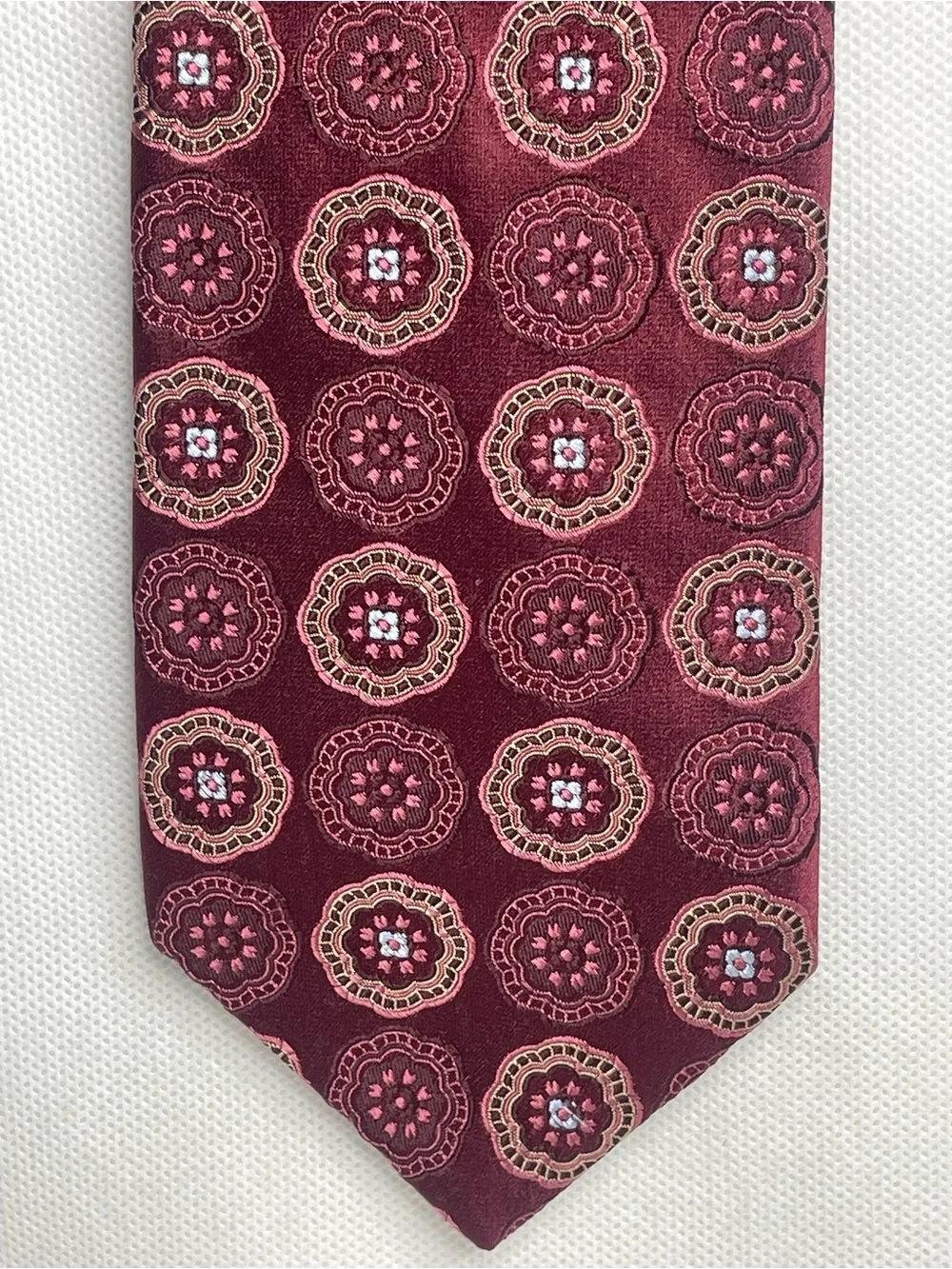 John W Nordstrom Designer Silk Necktie Burgundy Embroidered Medallions Tie USA